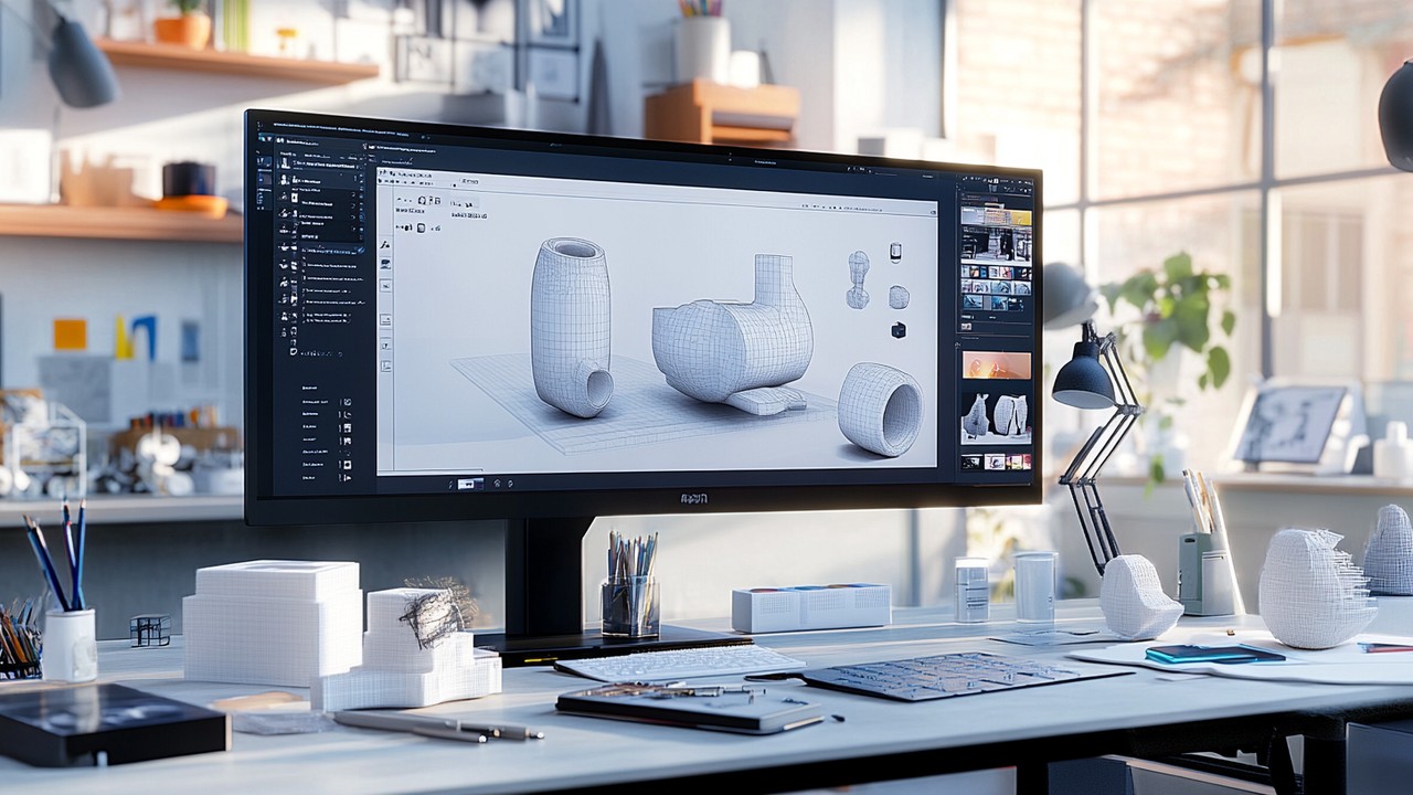 3D artist working on a product model with high-resolution monitor, optimizing with polygon reduction and texture compression in a creative studio.