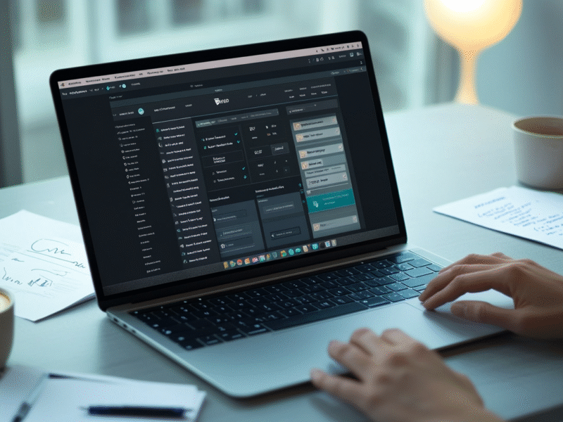 Modern workspace with a person working on a sleek laptop displaying a WordPress dashboard, surrounded by notes and coffee, highlighting productivity.