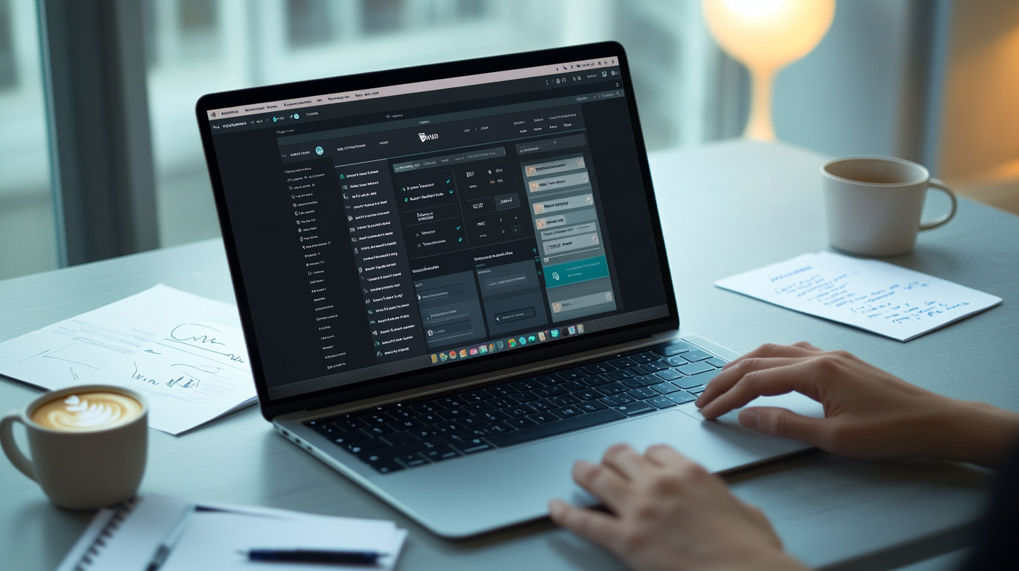 Modern workspace with a person working on a sleek laptop displaying a WordPress dashboard, surrounded by notes and coffee, highlighting productivity.
