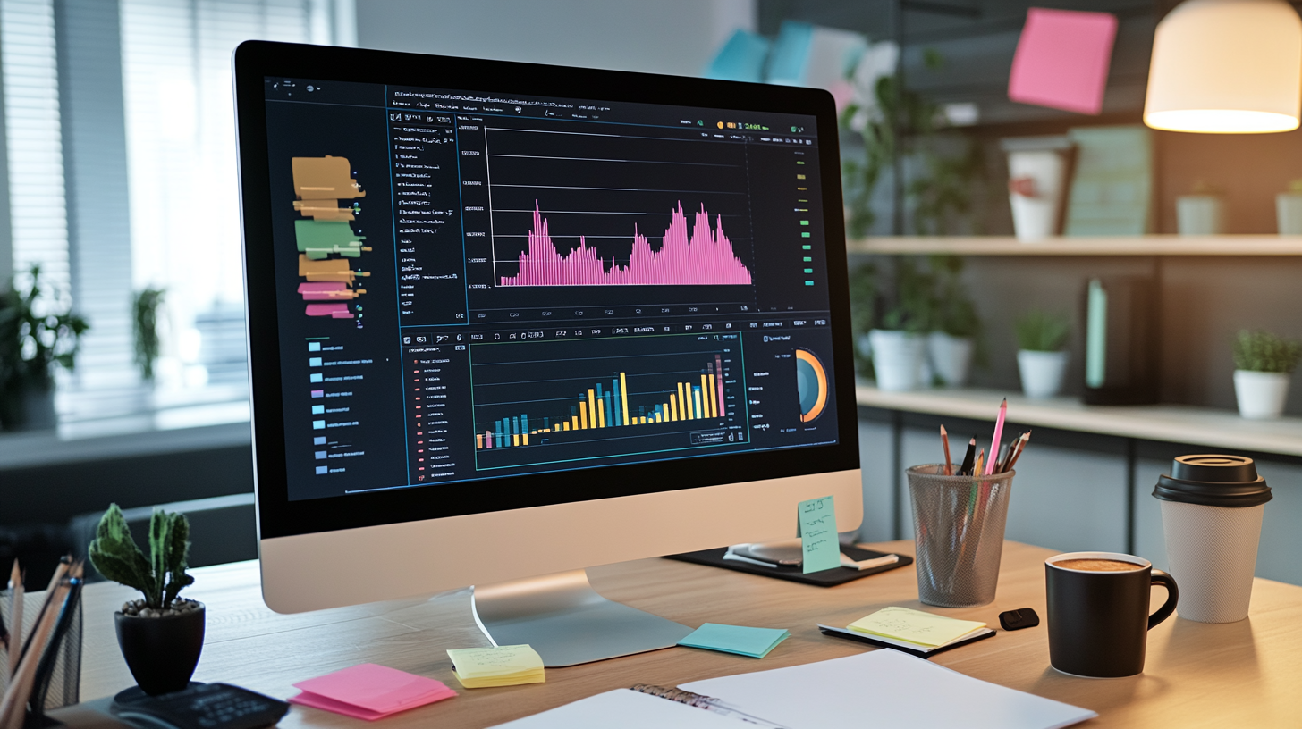 Modern digital marketing workspace with a computer displaying dynamic graphs and content editing interface, surrounded by notes and coffee.