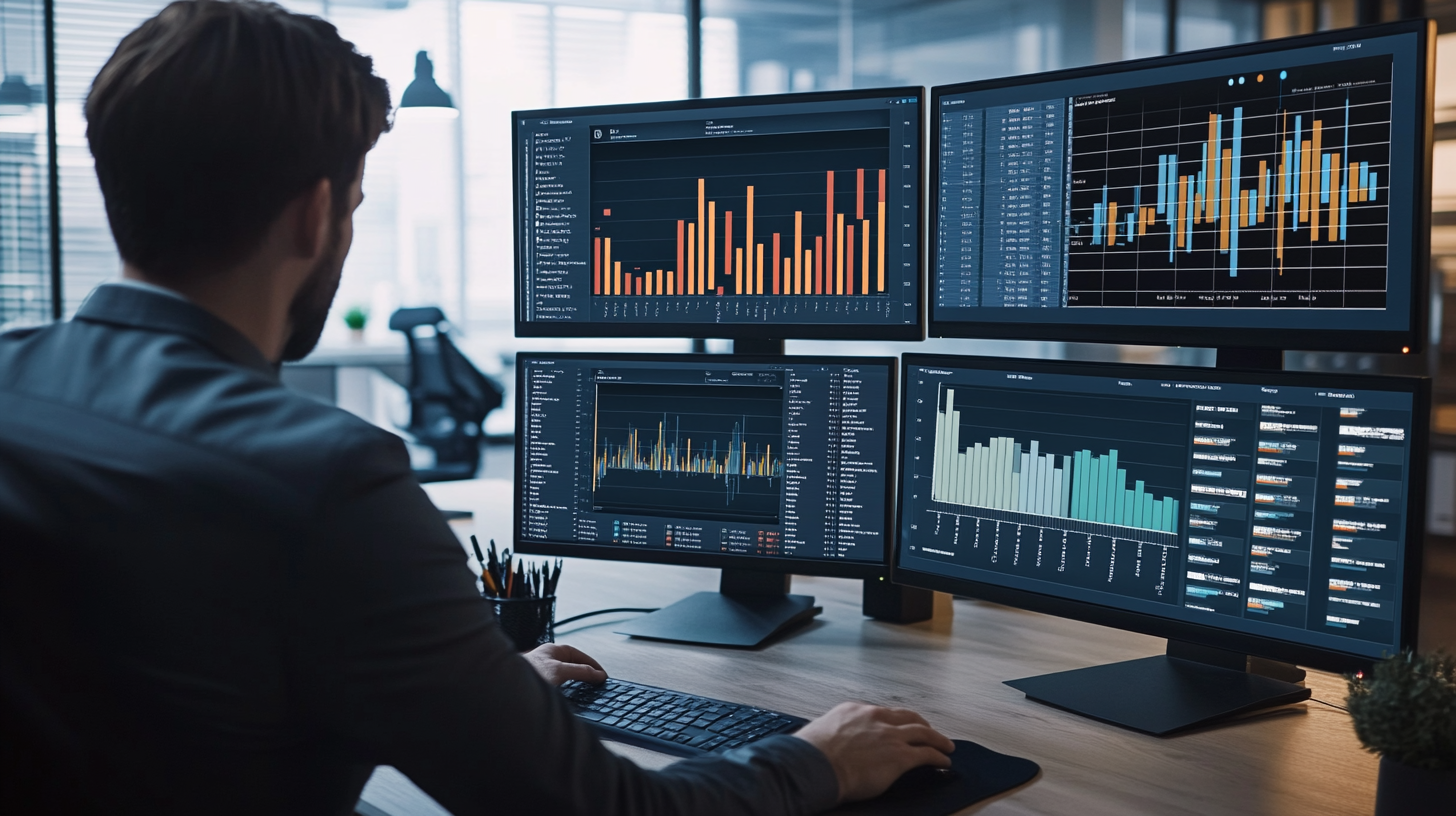 Realistic scene of a digital marketing analyst reviewing real-time engagement analytics on multiple monitors with charts and graphs in a modern office setting.