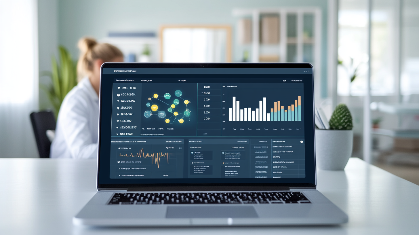 Healthcare website dashboard on laptop showing growth metrics and user engagement, with a health professional in a modern office.