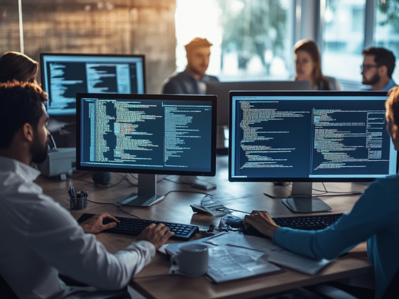 Diverse IT team collaborating in a modern office with computers, code, and digital screens, emphasizing cybersecurity and technology.