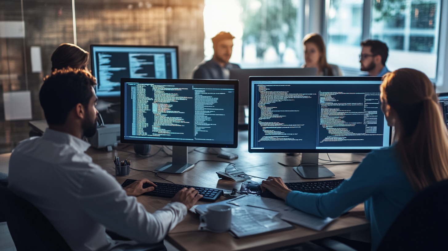 Diverse IT team collaborating in a modern office with computers, code, and digital screens, emphasizing cybersecurity and technology.