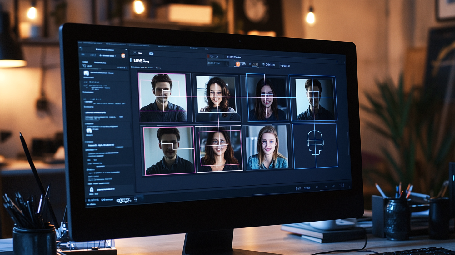Realistic computer screen displaying object detection interface with bounding boxes around faces and license plates in a tech workspace, illustrating AI detection in action.
