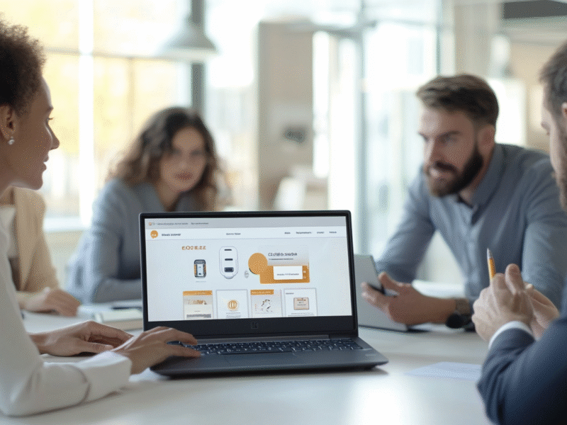 Modern office with diverse professionals collaborating around a laptop displaying an e-commerce website and AI chatbot interface, highlighting AI-powered sales technology.