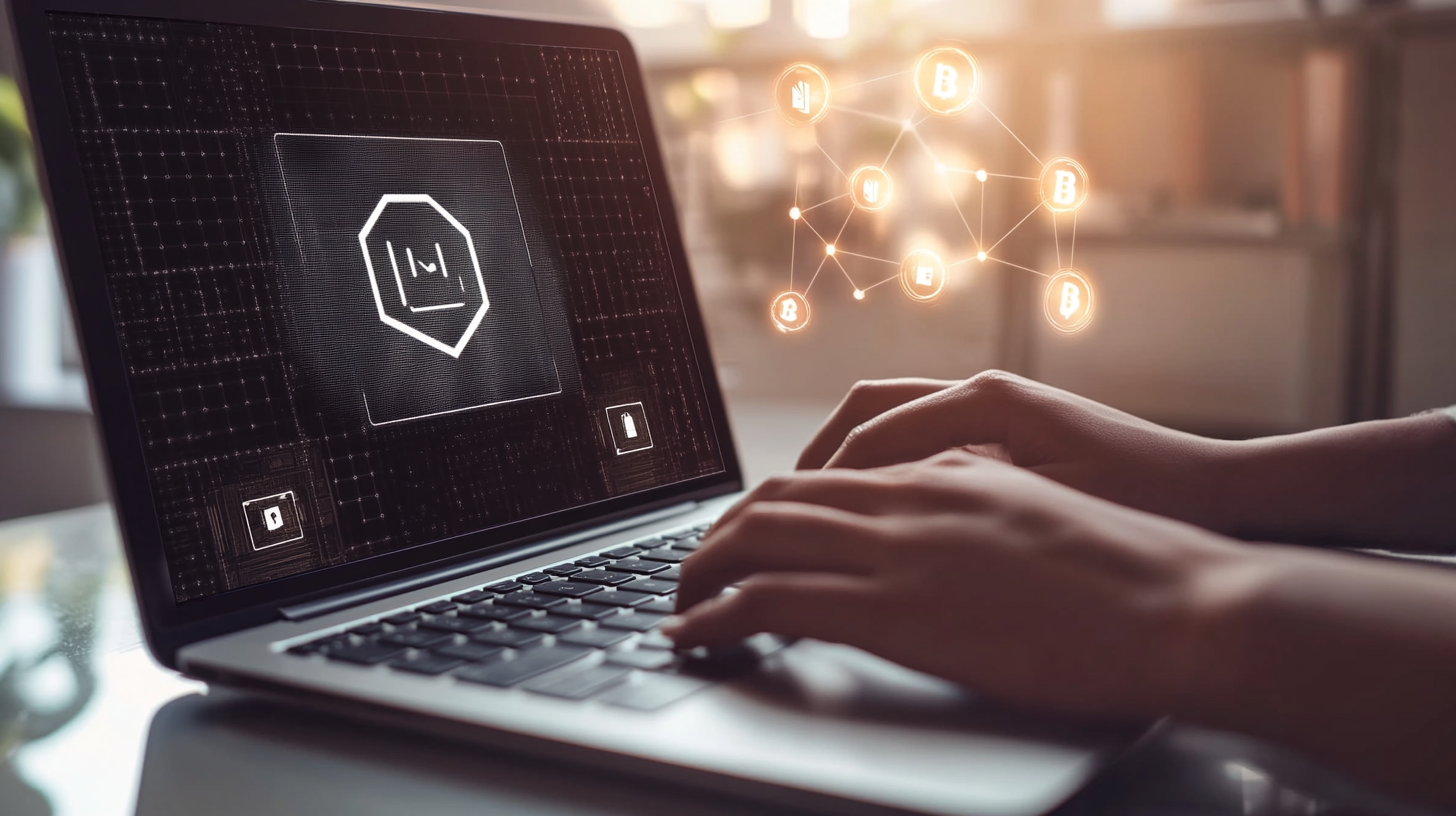 Close-up of a modern laptop showing a secure login screen with blockchain icons, hands typing in a bright office.