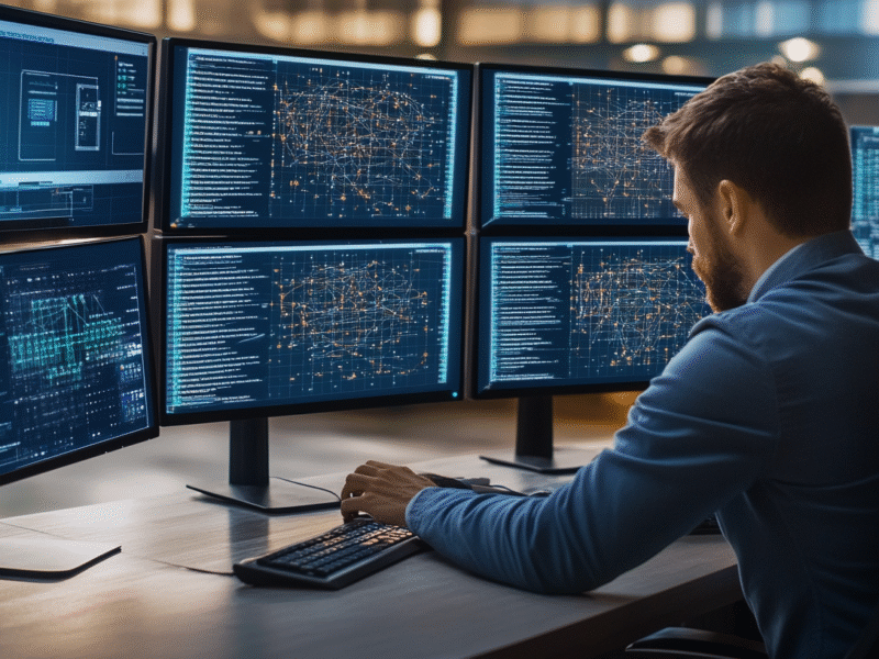 Modern office workspace with multiple monitors showing network diagrams and cybersecurity data, IT professional analyzing secure systems.