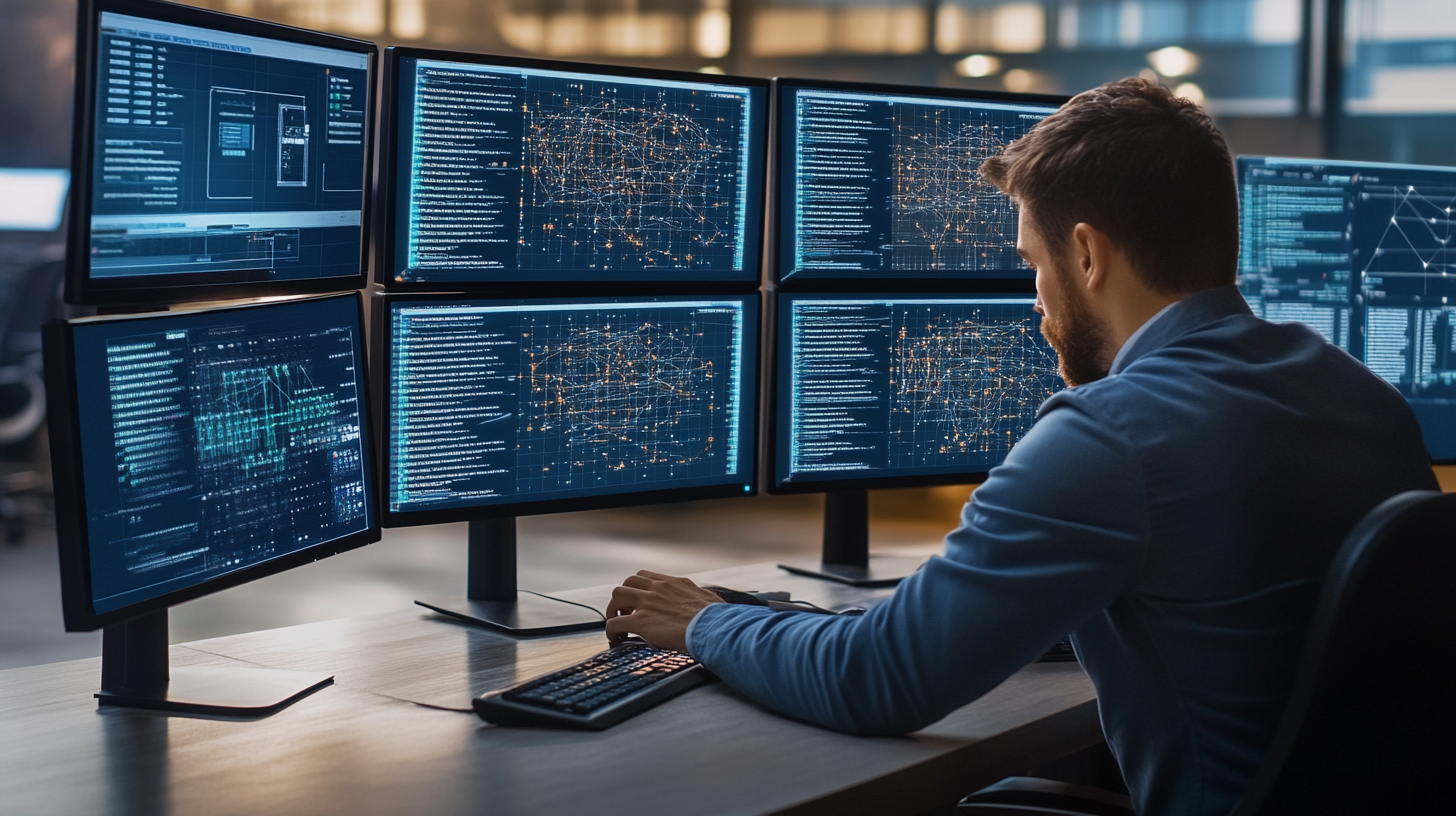 Modern office workspace with multiple monitors showing network diagrams and cybersecurity data, IT professional analyzing secure systems.