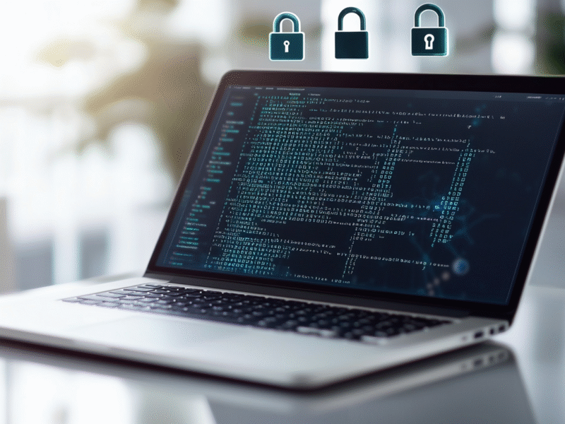 Close-up of a modern laptop displaying complex encryption code with digital lock icons in a bright office, symbolizing cybersecurity and data protection.