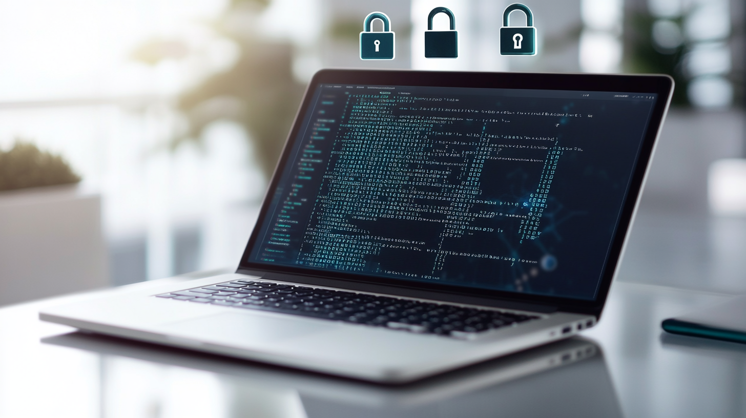 Close-up of a modern laptop displaying complex encryption code with digital lock icons in a bright office, symbolizing cybersecurity and data protection.
