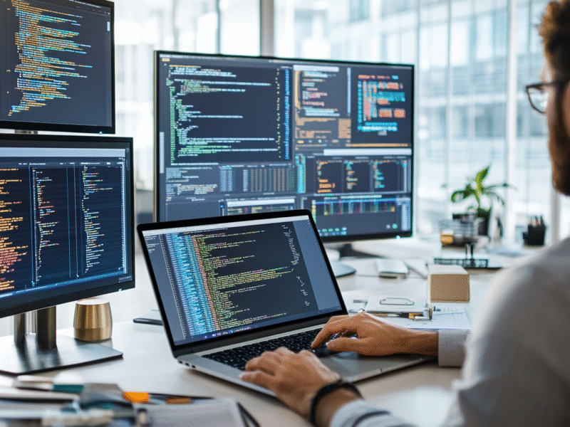 Developer coding Next.js on laptop in a minimalist workspace with multiple monitors showing performance metrics and caching diagrams.