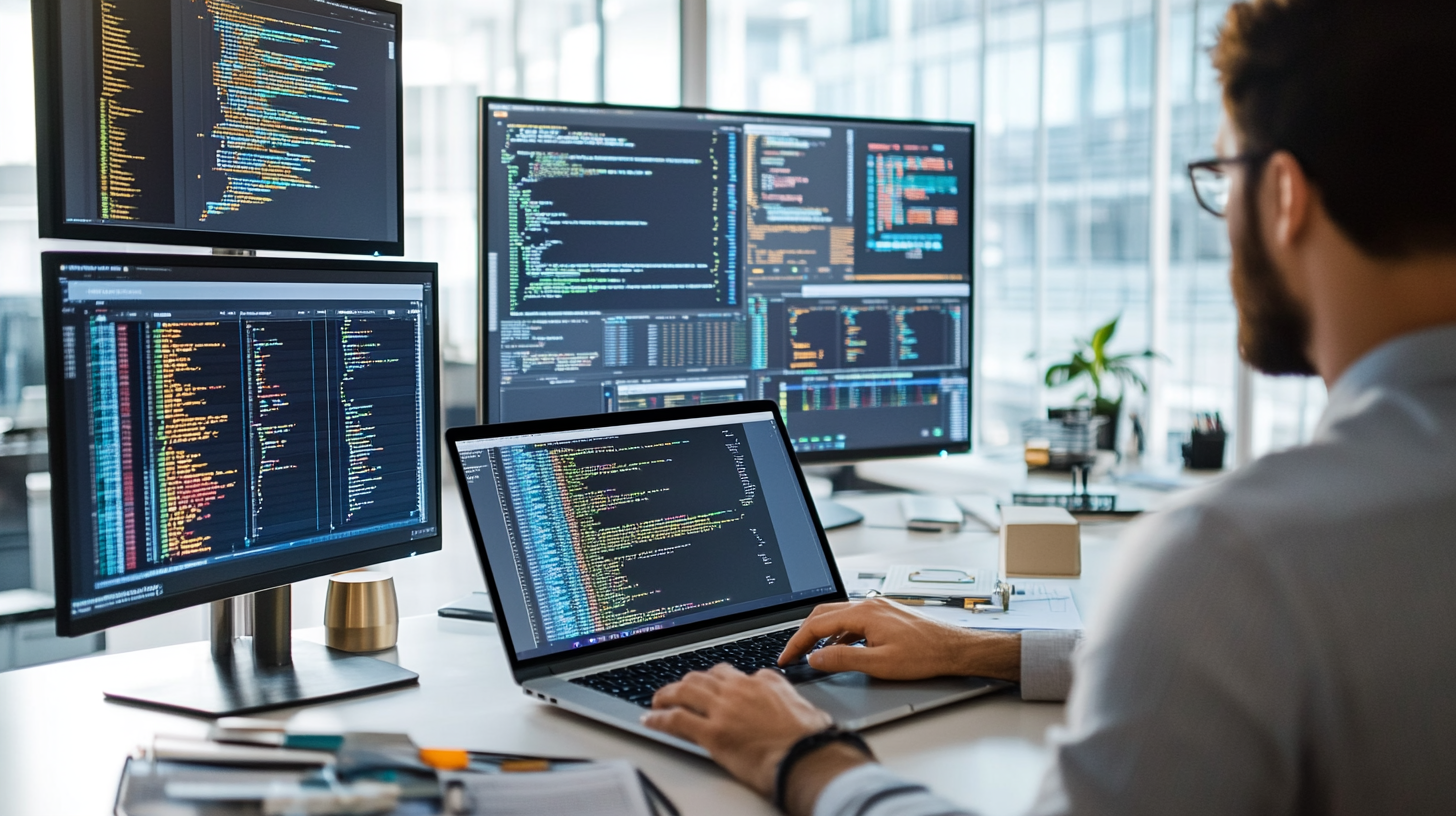 Developer coding Next.js on laptop in a minimalist workspace with multiple monitors showing performance metrics and caching diagrams.