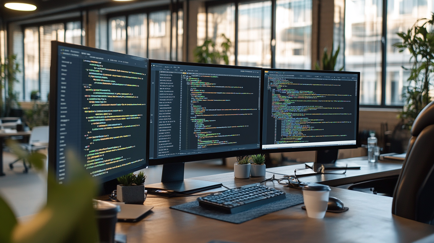 Kehittynyt kehittäjän työtila, jossa useat näytöt näyttävät Next.js 15 edge -funktioiden ja WordPress-integraation koodia modernissa toimistossa.