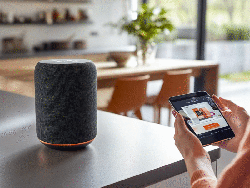 Modern home kitchen with a smart speaker and person using smartphone for online shopping, showcasing voice commerce technology.
