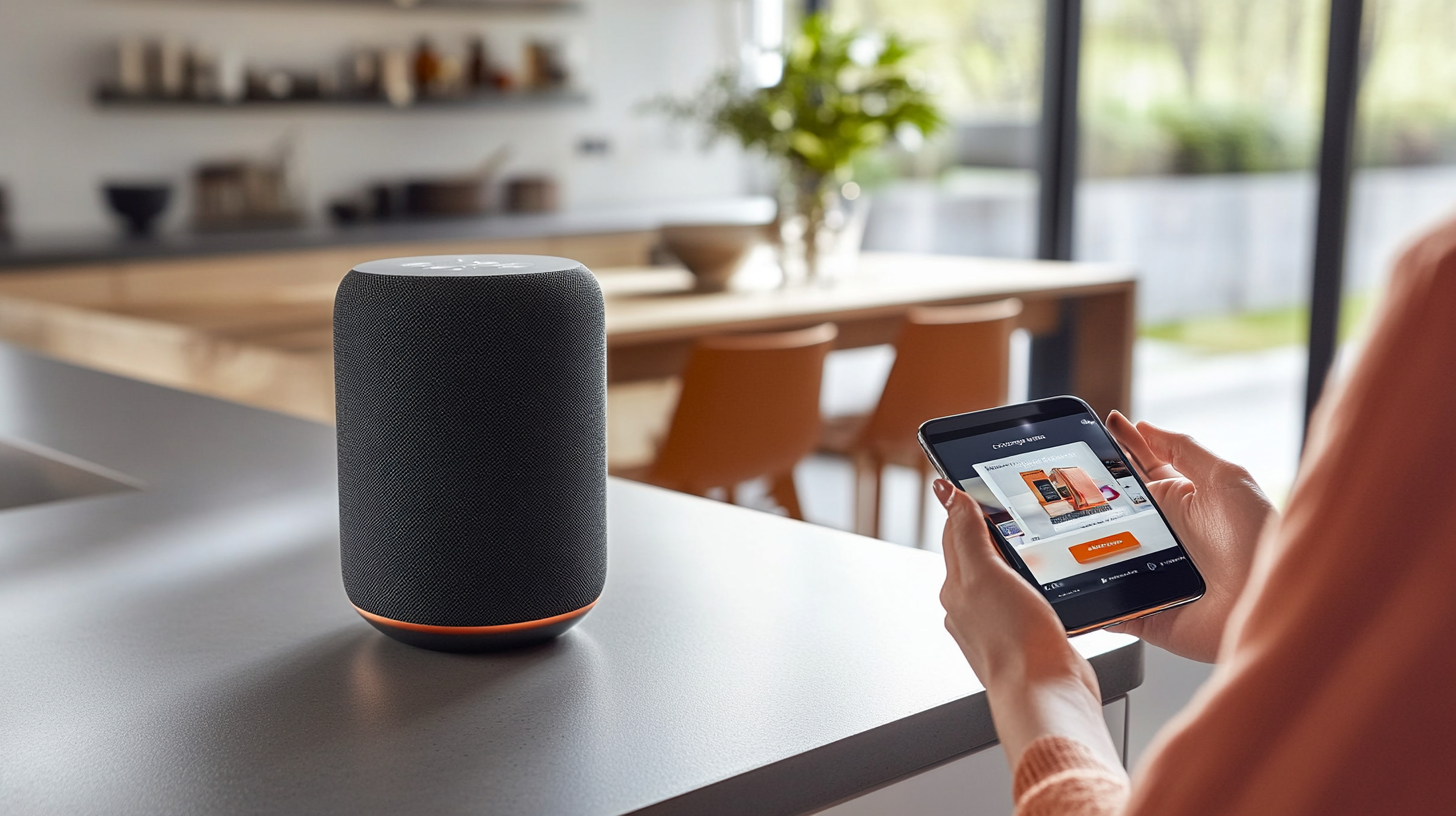 Modern home kitchen with a smart speaker and person using smartphone for online shopping, showcasing voice commerce technology.