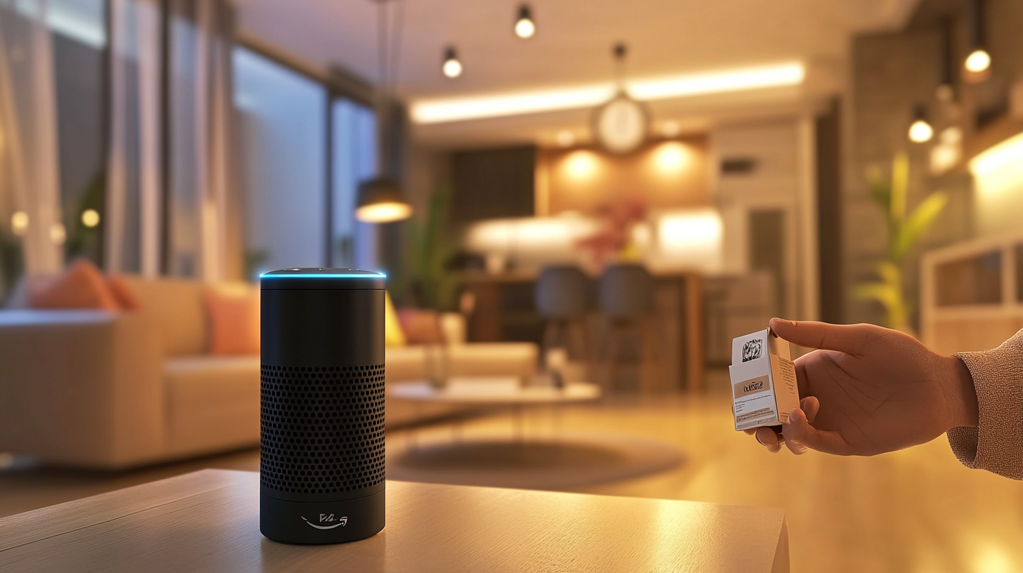 Modernes Smart Home mit Nutzer, der Sprachassistent wie Amazon Alexa für nahtloses Voice-Command-Shopping nutzt, natürliche Beleuchtung