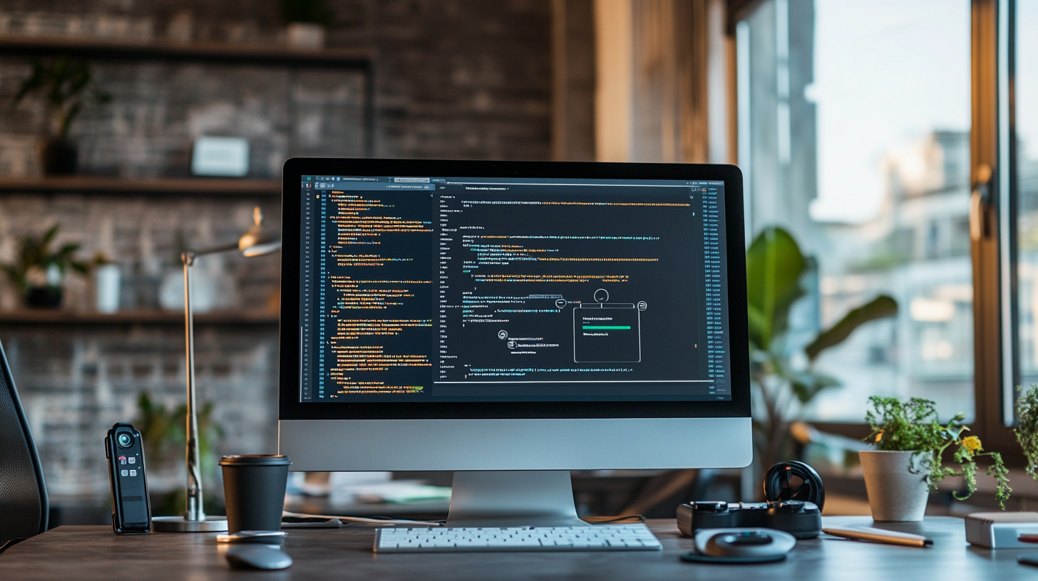 Professioneller Entwicklerarbeitsplatz mit Computerbildschirm, Code und API-Diagrammen für headless WooCommerce und Sprachcommerce-Technologie.