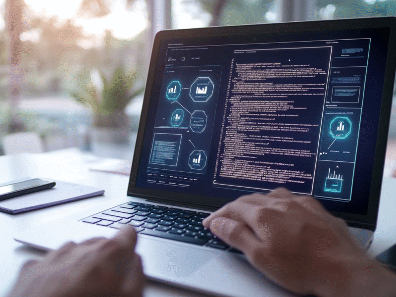 Close-up of a modern workspace with laptop showing blockchain code and smart contract diagrams, hands typing on keyboard.