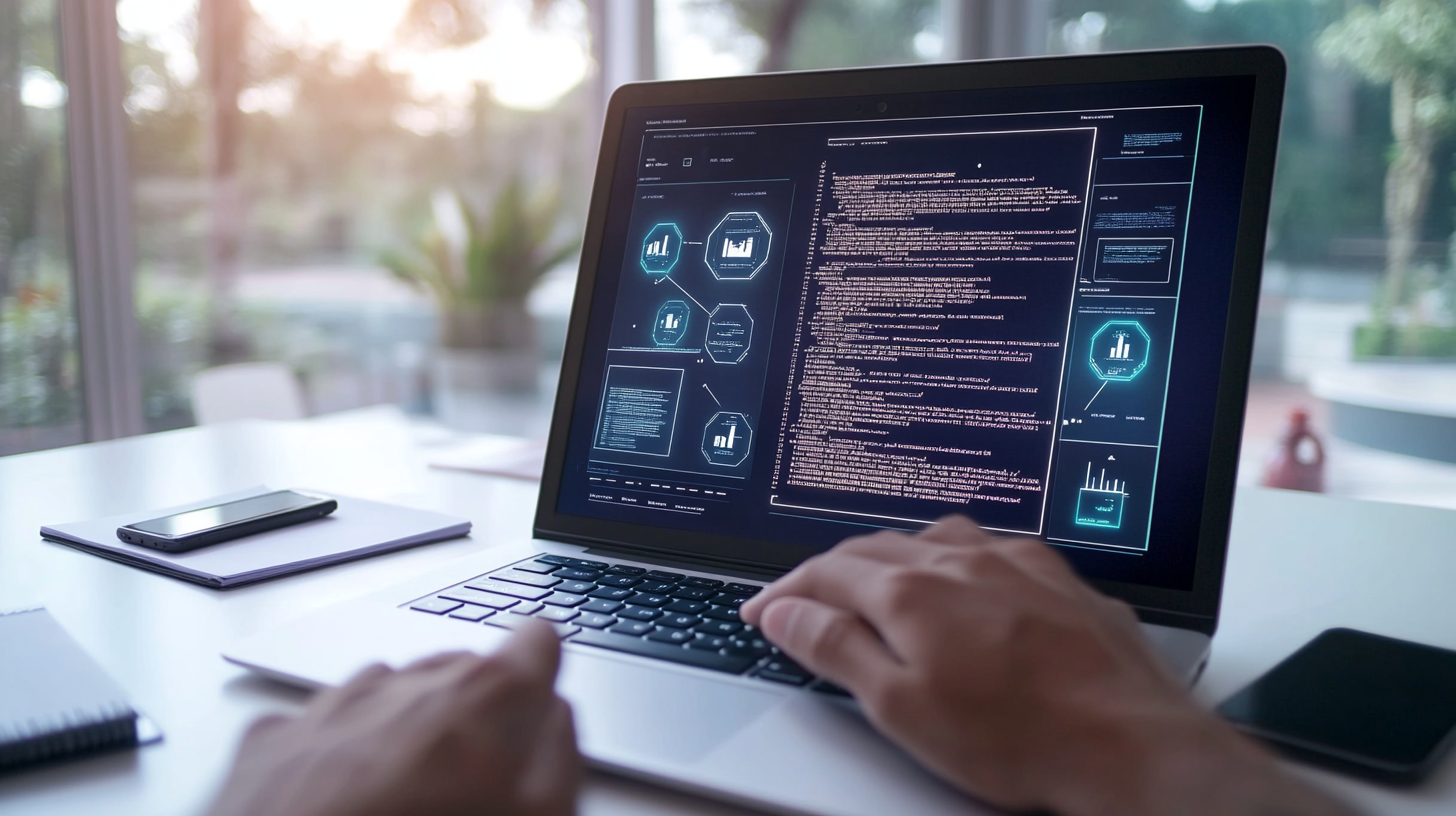 Close-up of a modern workspace with laptop showing blockchain code and smart contract diagrams, hands typing on keyboard.