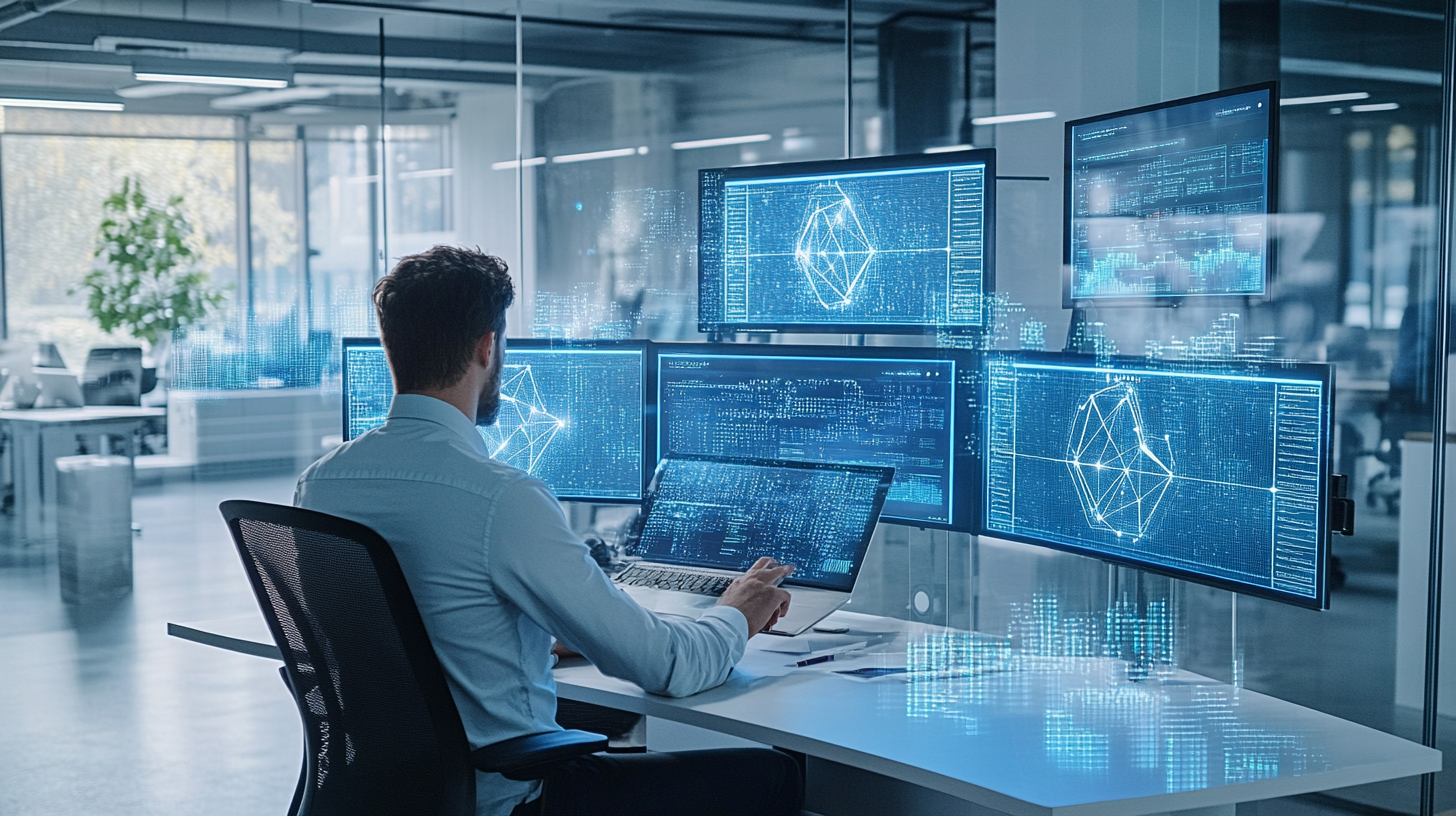 Professional analyzing Polygon blockchain data on transparent digital screens in a modern, tech-driven marketing workspace.