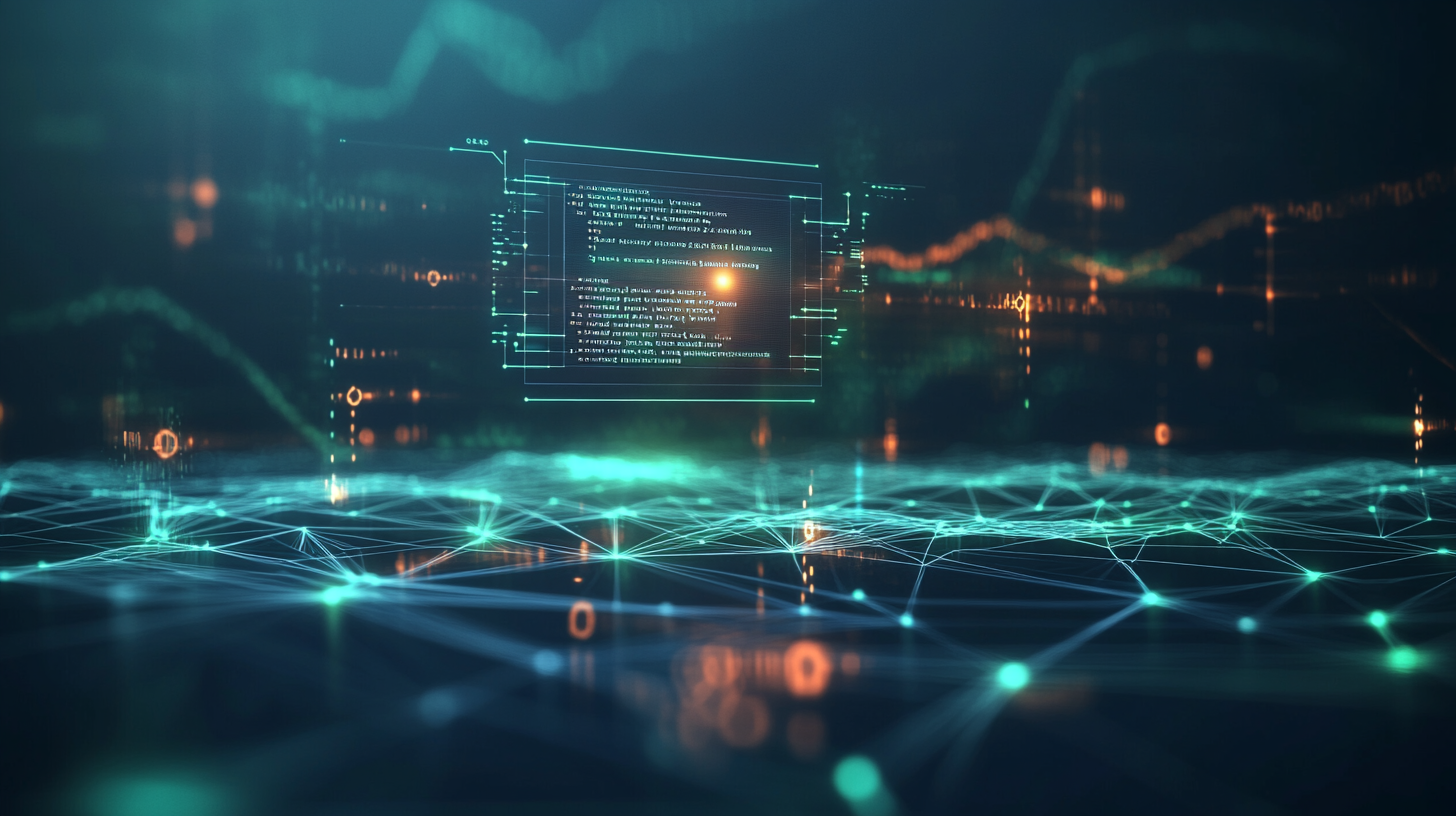 Glowing smart contract code interface above a blockchain network, symbolizing a secure digital escrow system for automated payouts.