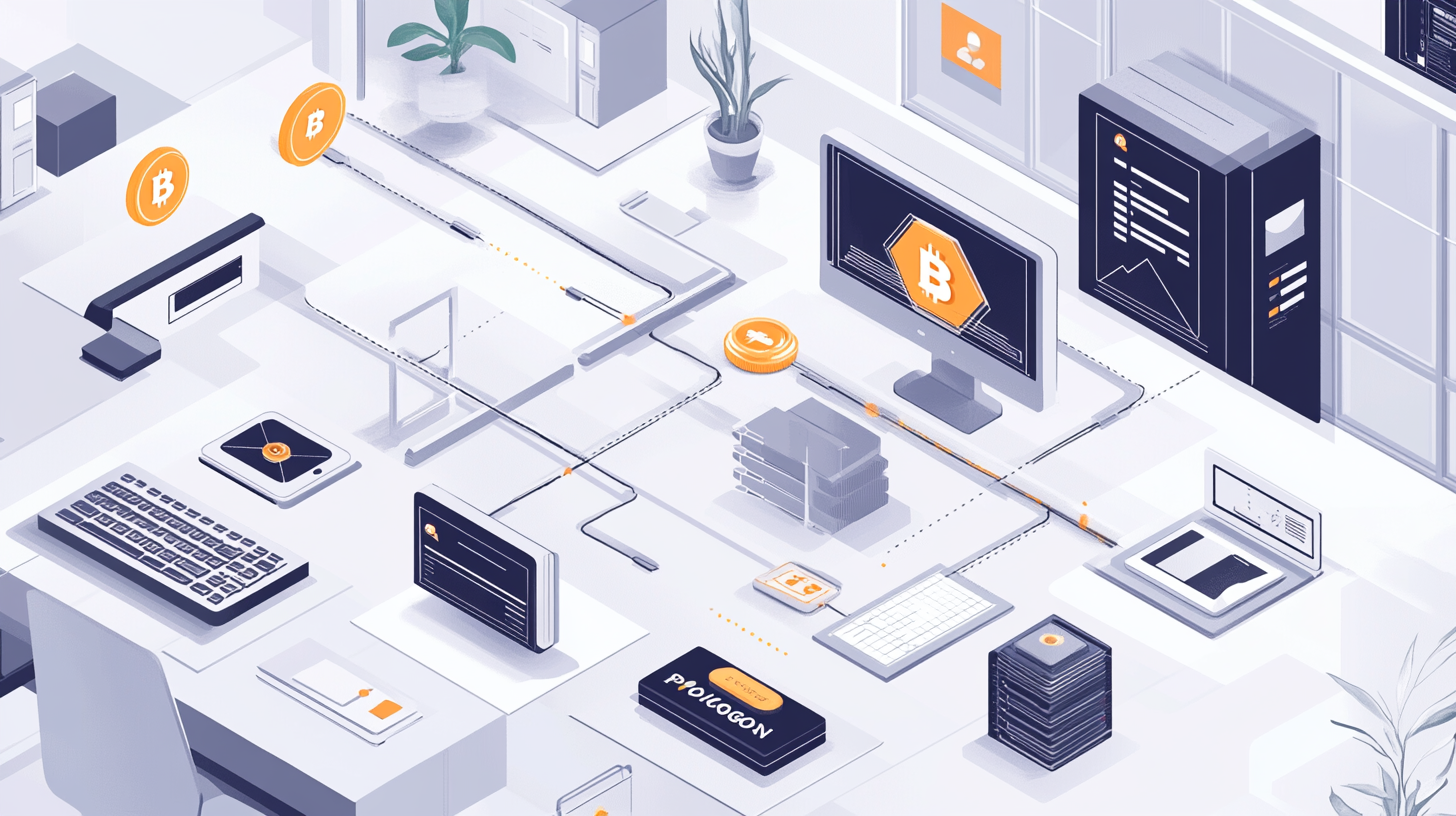 Infographic of decentralized affiliate marketing system with off-chain tracking, oracles, and Polygon blockchain smart contracts.