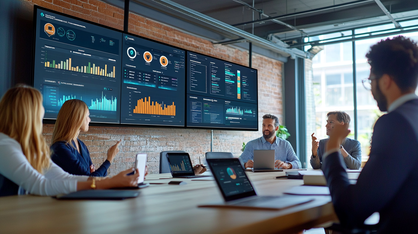 Diverse marketing team reviewing real-time affiliate commission dashboards on large screens, showcasing Polygon smart contract payouts.