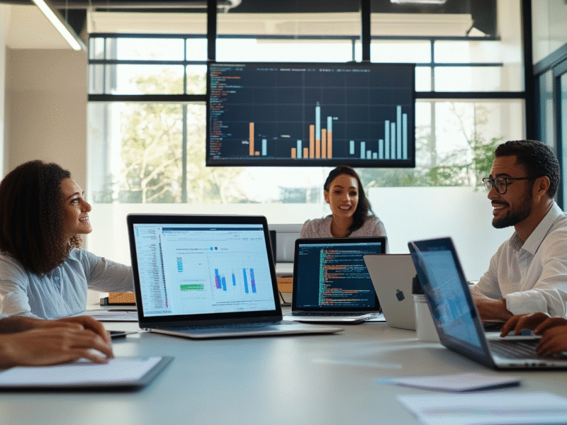 Diverse team collaborating in a modern office with laptops showing code and charts, highlighting AI technology and e-commerce development.