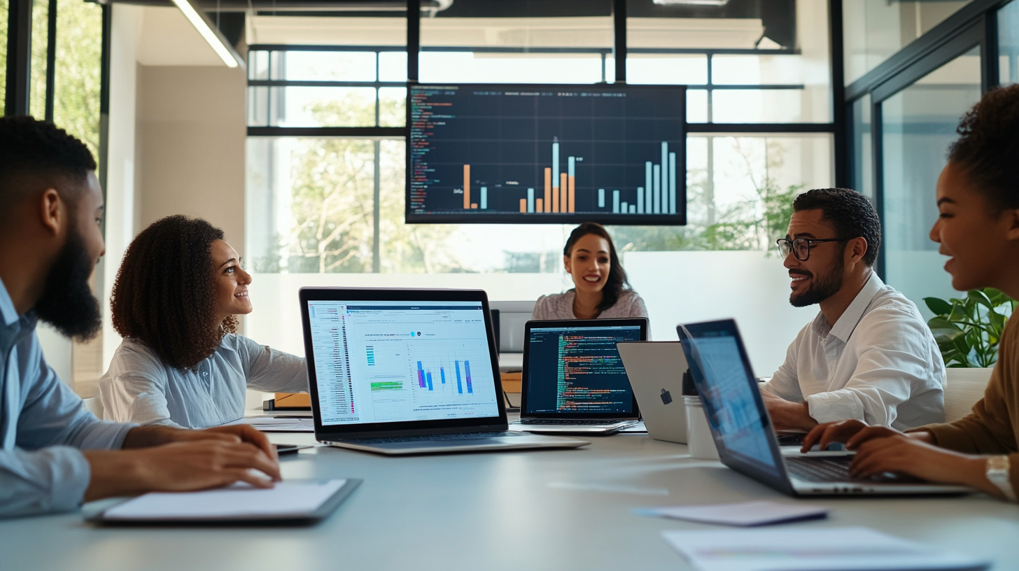 Diverse team collaborating in a modern office with laptops showing code and charts, highlighting AI technology and e-commerce development.