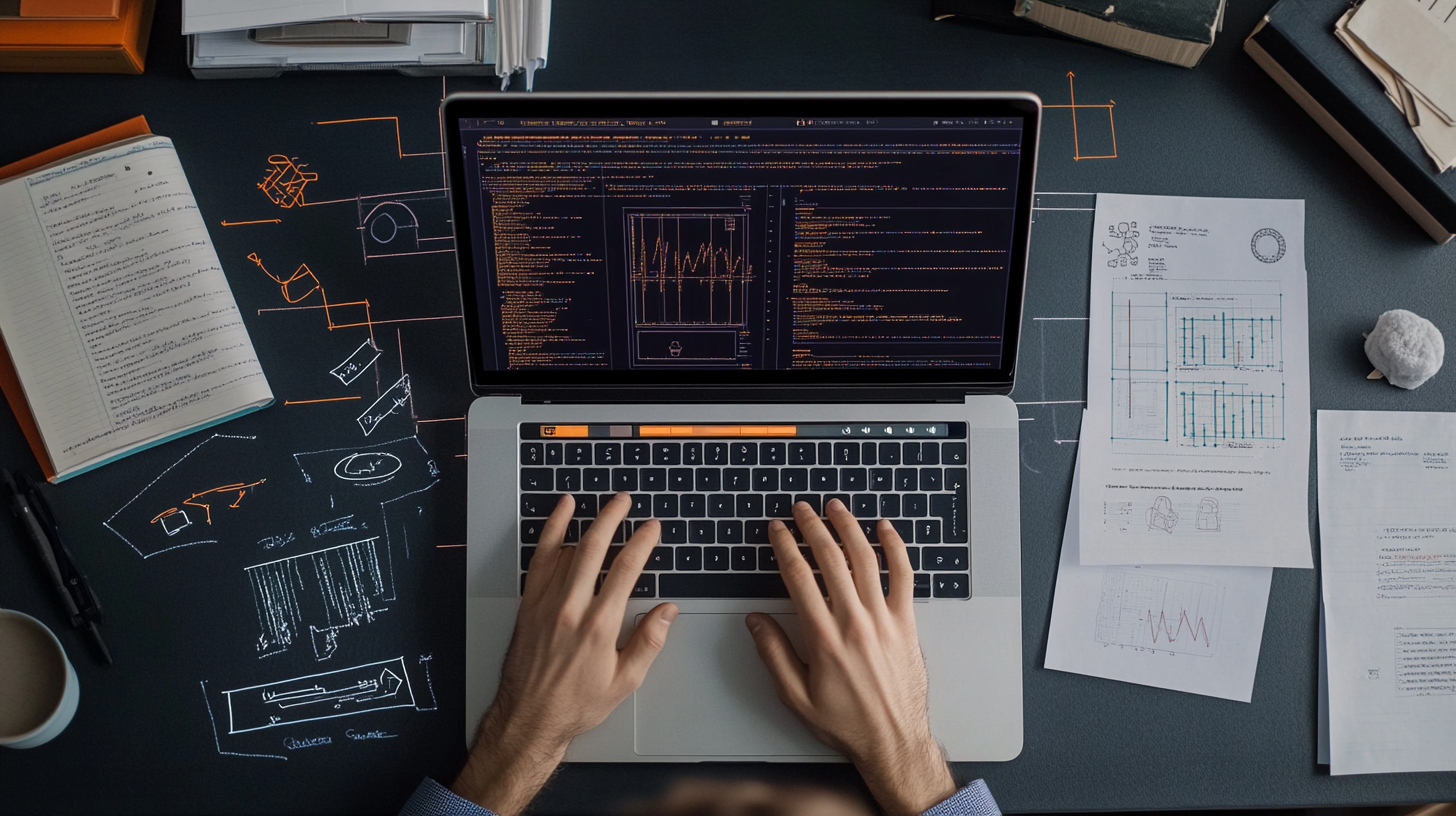 Developer coding vector embeddings and Elasticsearch integration on laptop, surrounded by technical notes and data flow diagrams.
