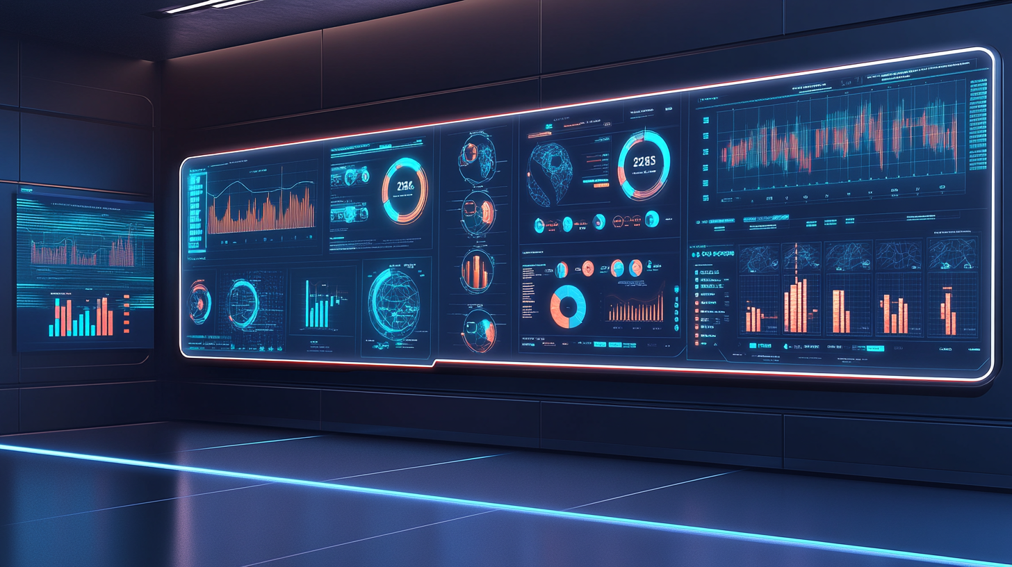 Futuristic control room with digital dashboards showing real-time analytics and A/B testing for WooCommerce neural search optimization.