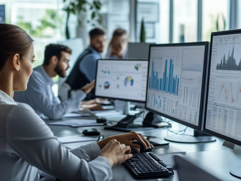 Diverse team in modern office analyzing financial data on multiple screens with graphs, charts, and dynamic pricing strategies.