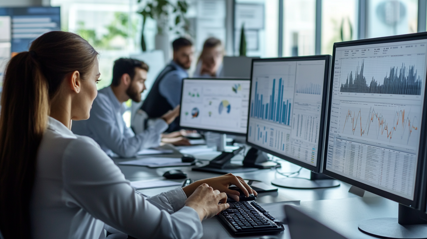 Diverse team in modern office analyzing financial data on multiple screens with graphs, charts, and dynamic pricing strategies.