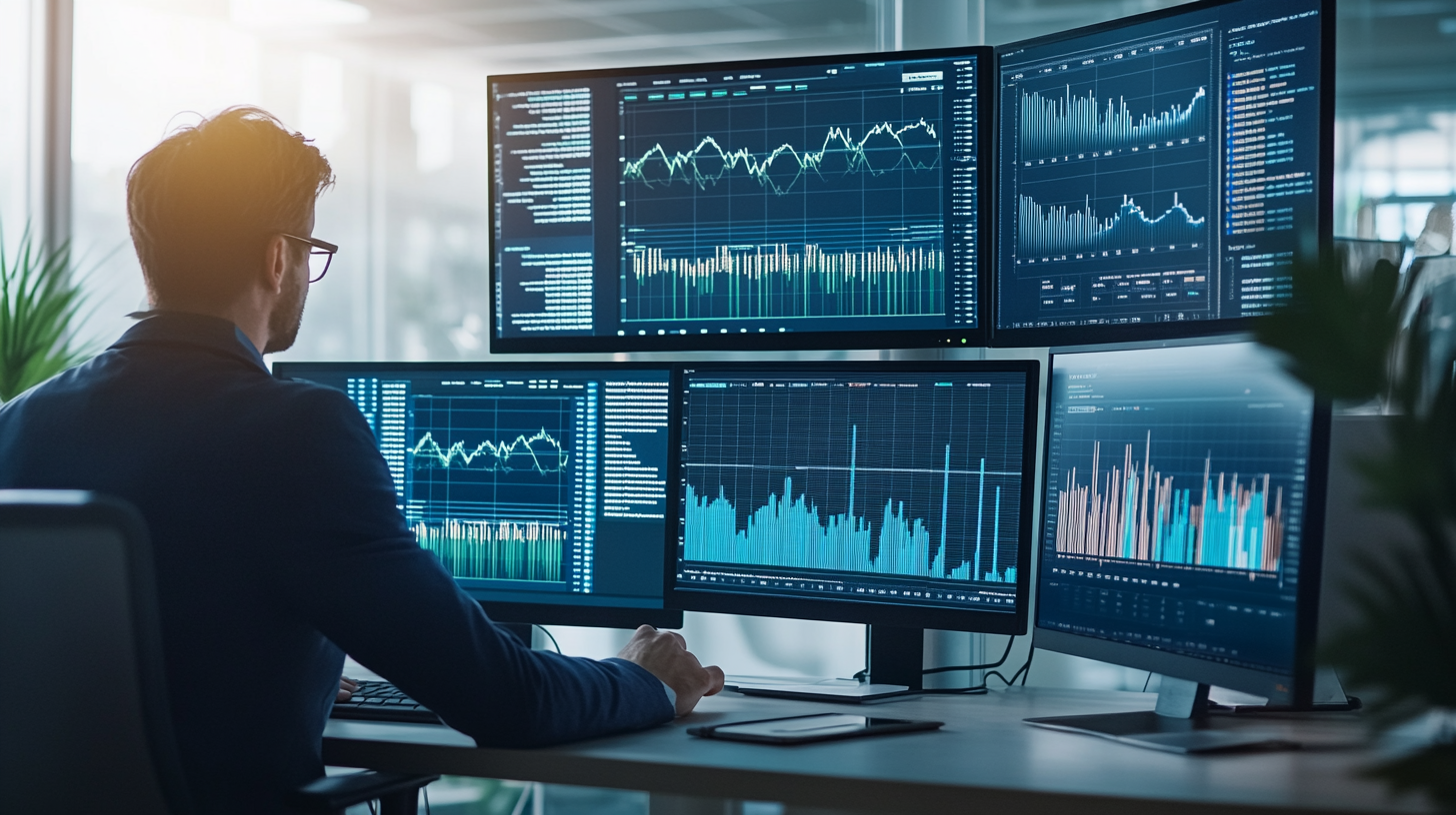 Business professional analyzing dynamic pricing and competitor price charts on multiple screens in a bright office.