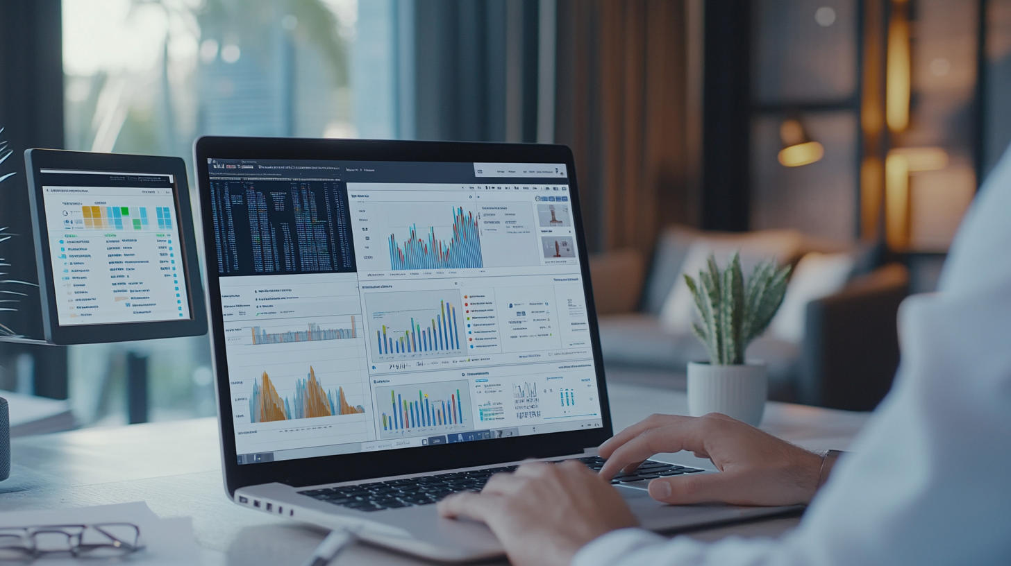Data scientist analyzing social media feeds, product reviews, and sentiment analysis graphs on laptop in modern workspace.