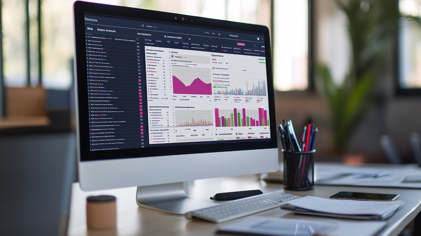 Close-up of WooCommerce dashboard showing real-time competitor pricing data updates with coding scripts in a professional office.