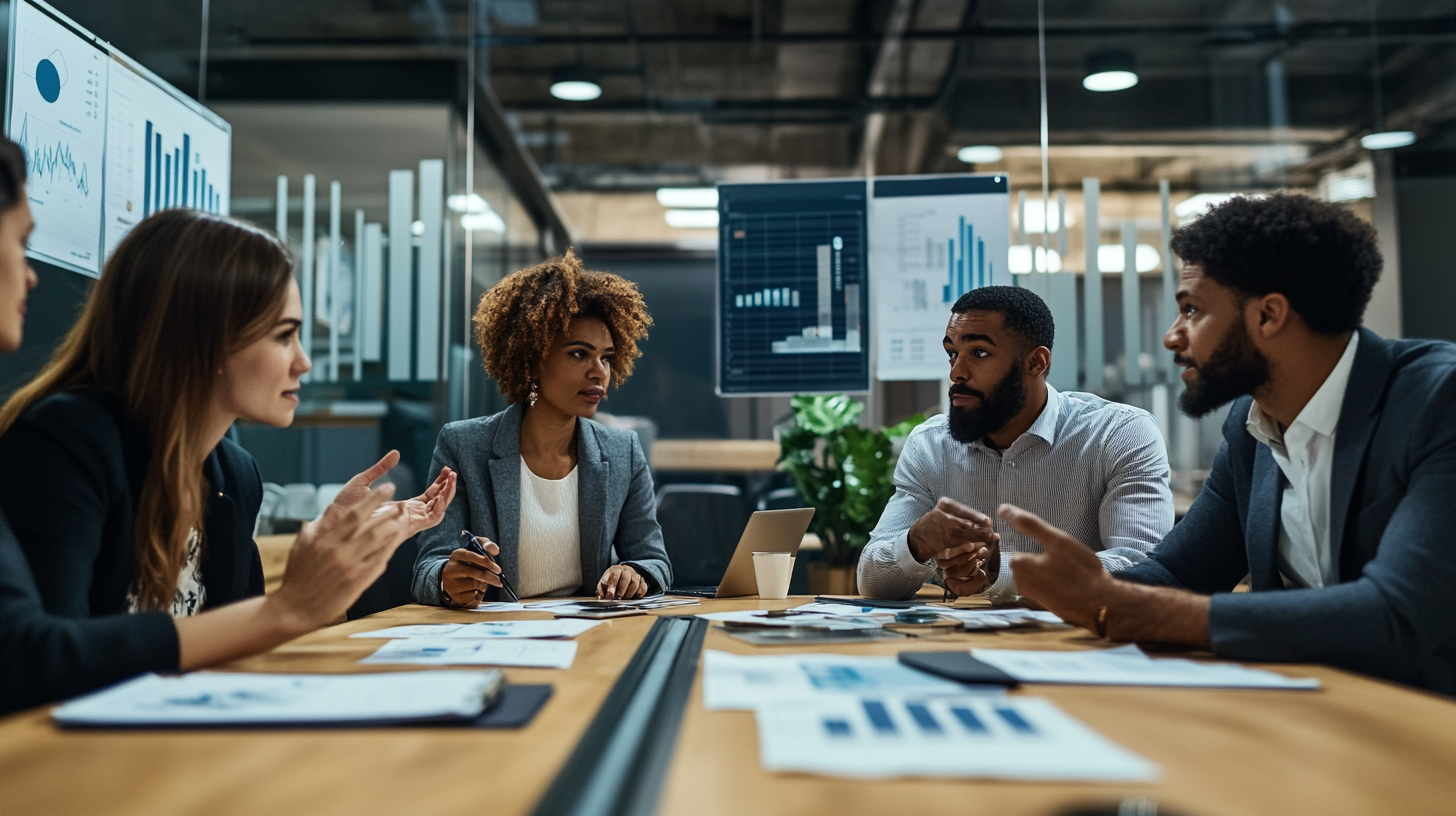 Diverse team discussing ethical AI pricing strategies around a conference table with charts in a modern office.