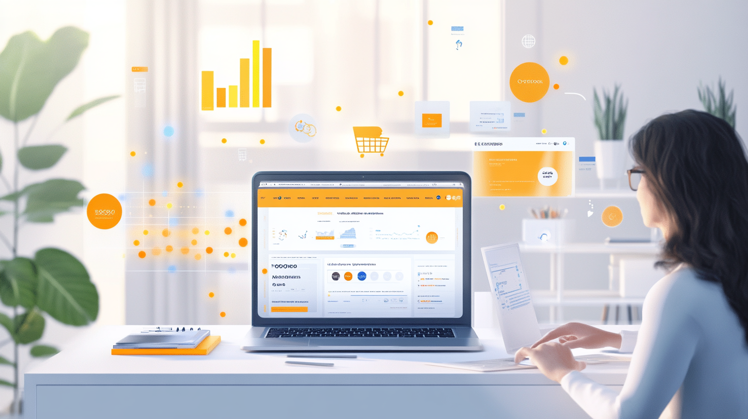 E-commerce entrepreneur using WooCommerce on laptop with AI and data visualization for real-time pricing optimization in home office.