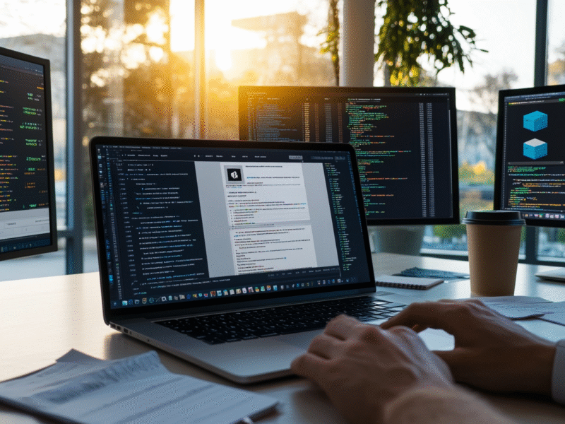 Modern tech workspace with laptop showing WordPress dashboard, developer coding on multiple monitors, bright and organized office.