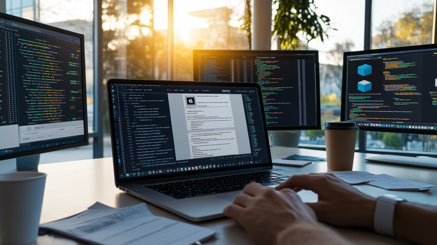 Modern tech workspace with laptop showing WordPress dashboard, developer coding on multiple monitors, bright and organized office.