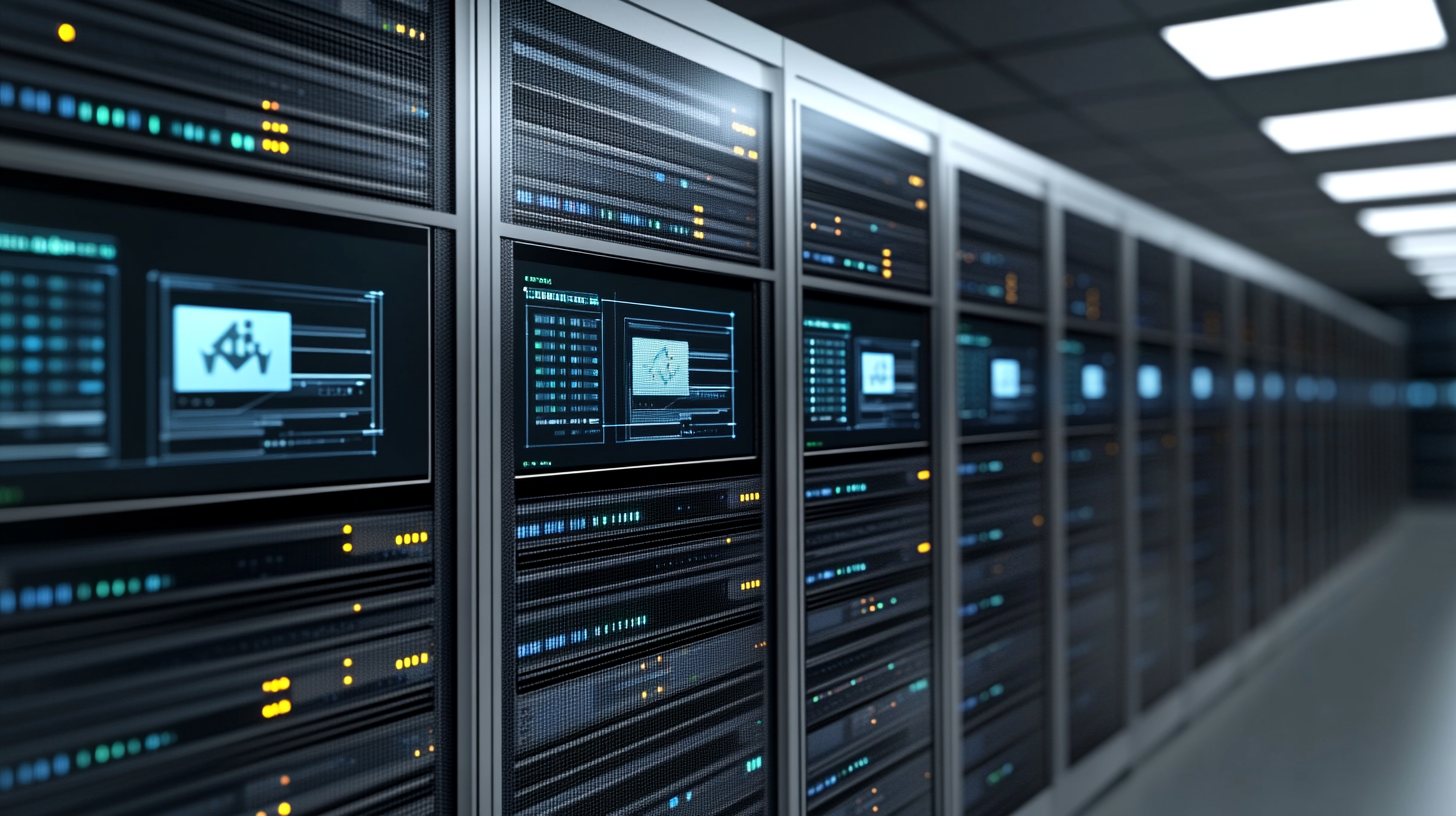 High-resolution photo of a modern data center with servers and screens showing Docker and Kubernetes for scalable WordPress deployments.