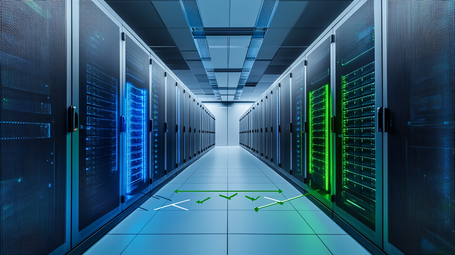 Side-by-side blue and green server environments with network arrows showing seamless traffic switching in a modern data center.