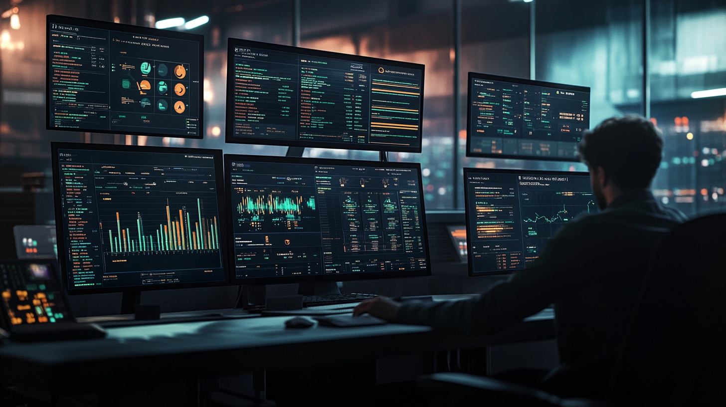 DevOps engineer monitoring Prometheus and Grafana dashboards with Kubernetes pod statuses on multiple screens in control room.