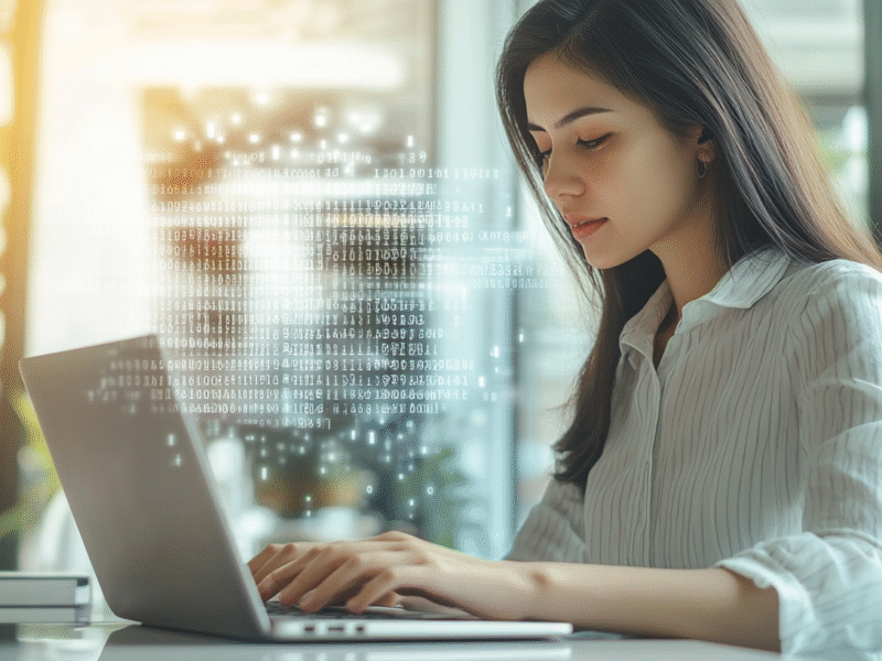 Young professional woman typing on laptop in modern office with digital code overlay, illustrating cybersecurity and real-time tech monitoring.