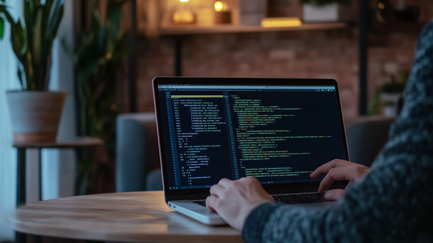 Developer coding machine learning model architecture on laptop in cozy office, highlighting client-side computation and privacy.