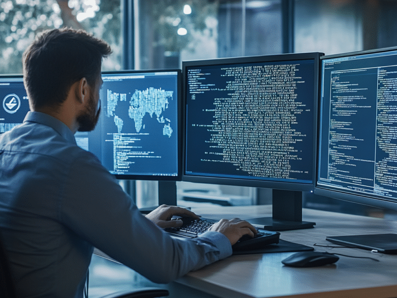 Modern office with IT professional analyzing cybersecurity alerts and code on multiple monitors, showcasing advanced threat detection.