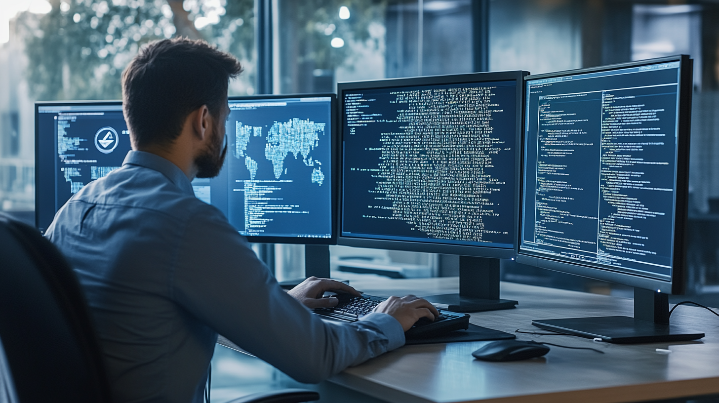 Modern office with IT professional analyzing cybersecurity alerts and code on multiple monitors, showcasing advanced threat detection.