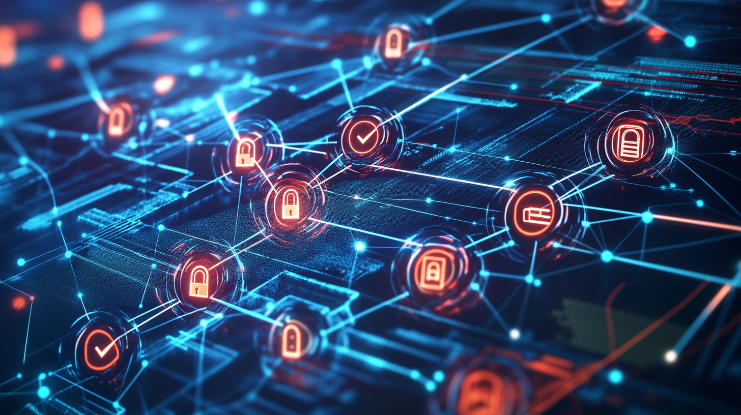 Abstract digital network with interconnected honeytoken traps, firewalls, dynamic data streams, and secure lock icons for cybersecurity.