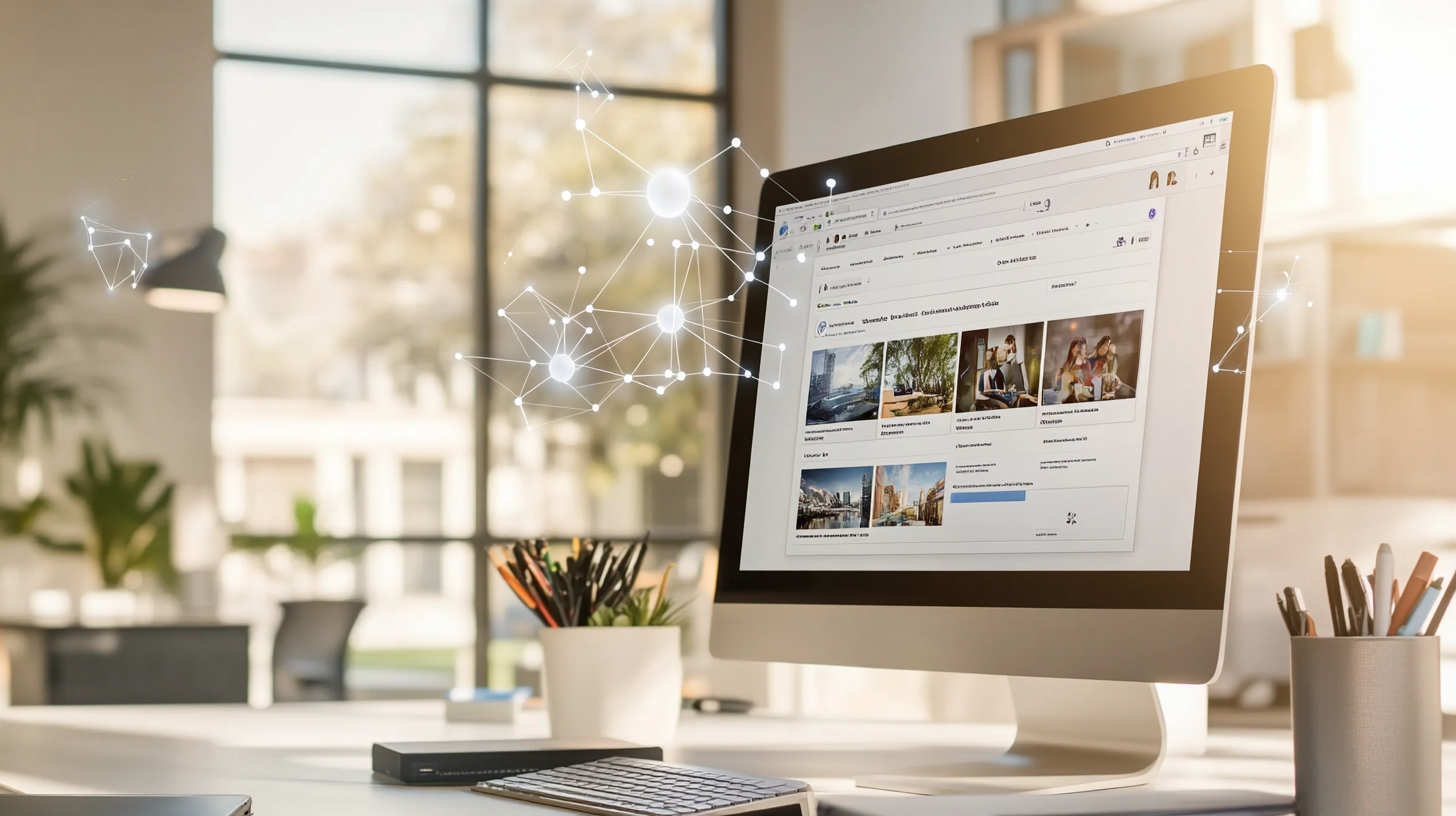 Modern digital workspace with a computer screen showing AI-powered search engine results and neural network overlay in an office.